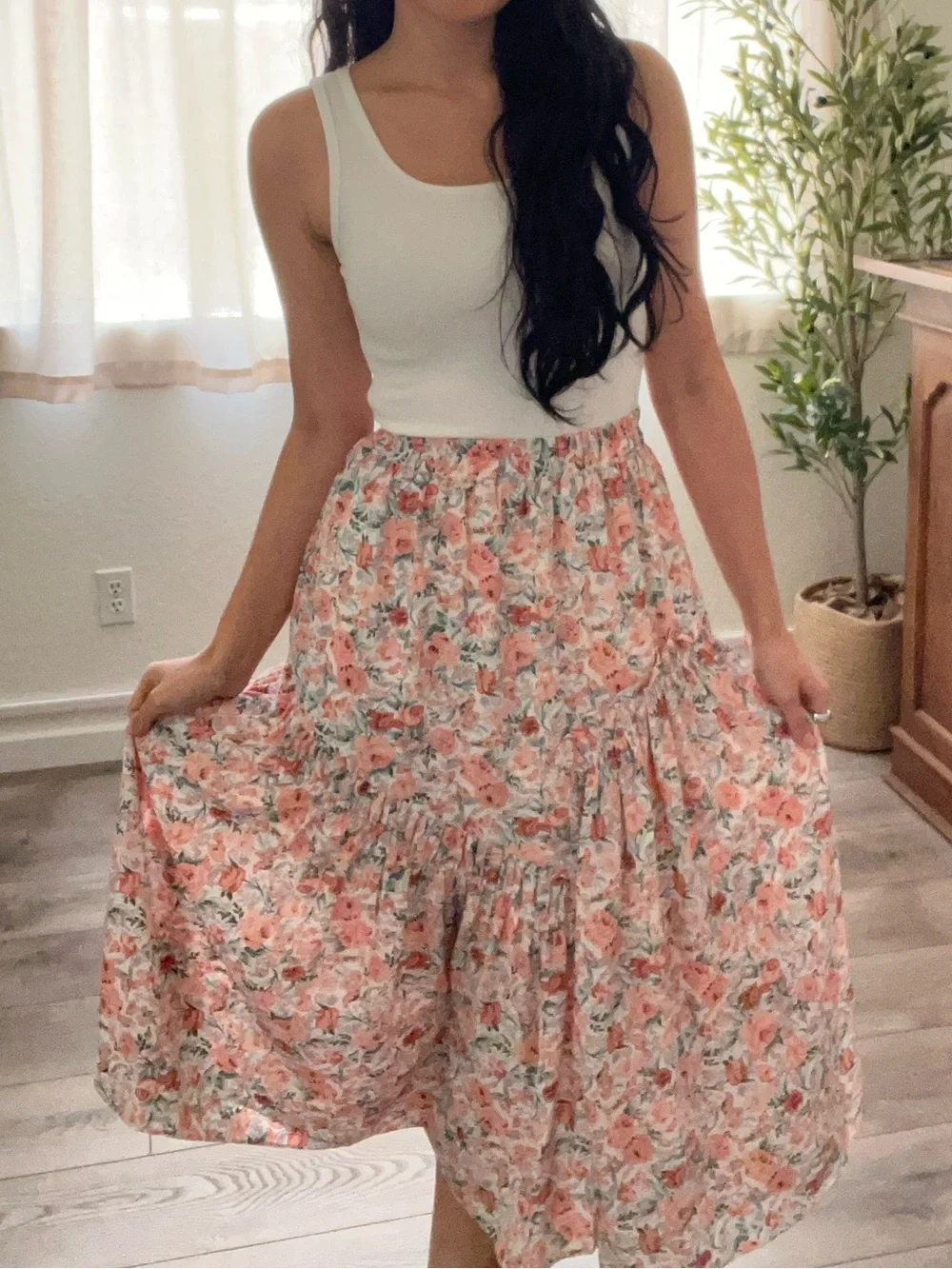 Floral Tiered Midi Skirt in Coral Pink